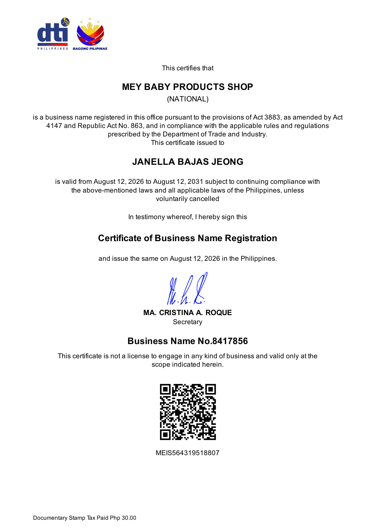 Scan of the DTI Certificate of Business Name Registration