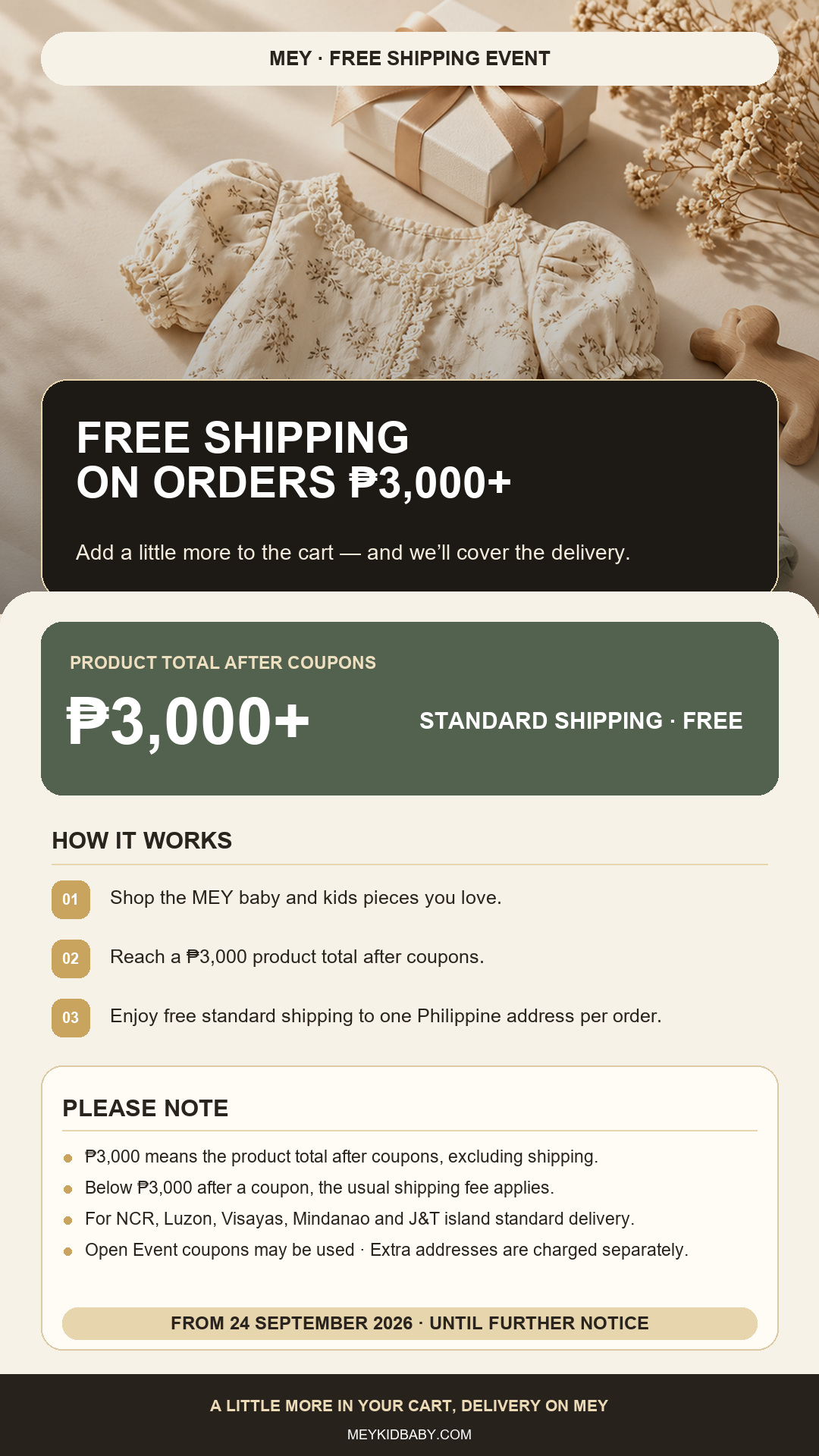 MEY free shipping on orders ₱3,000 and above across the Philippines