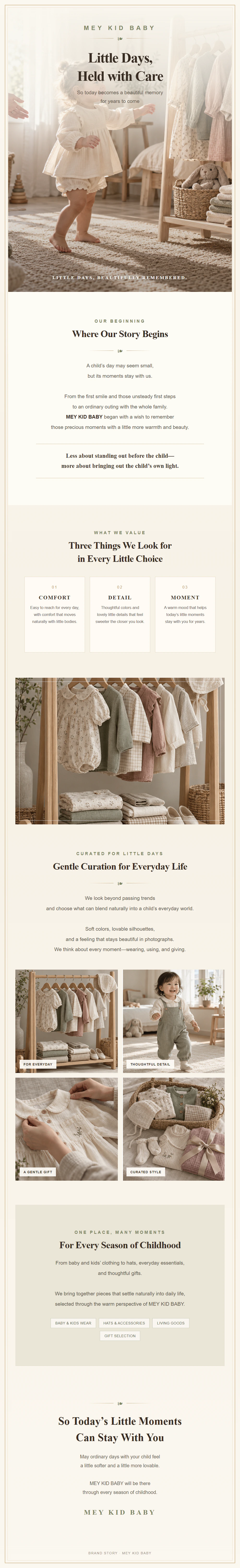 The MEY KID BABY brand story in warm ivory, olive, and gold tones, featuring thoughtfully curated baby and kids’ clothing and essentials inspired by everyday comfort, lovable details, and moments worth remembering.