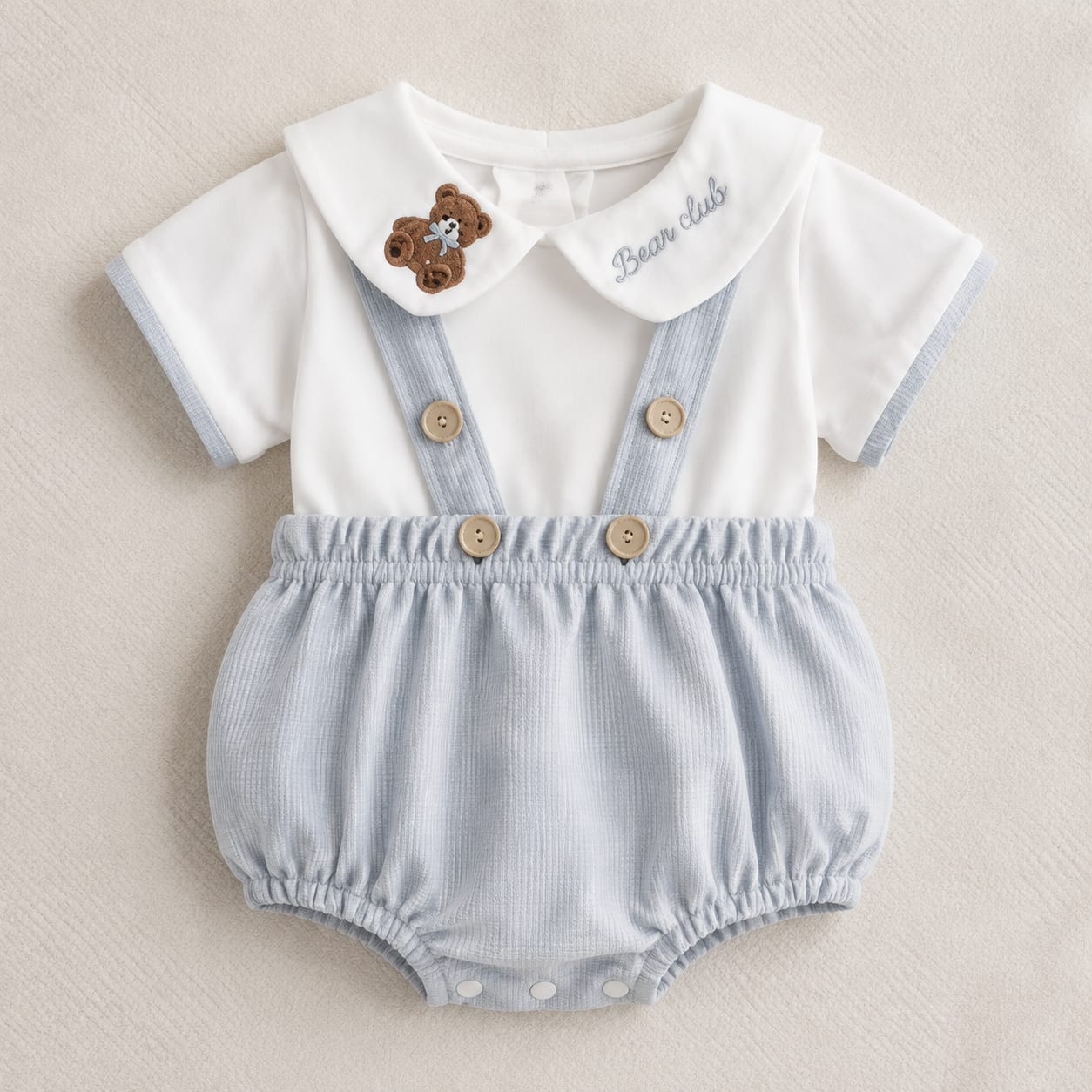 Bear Collar Blue Suspender Baby Romper