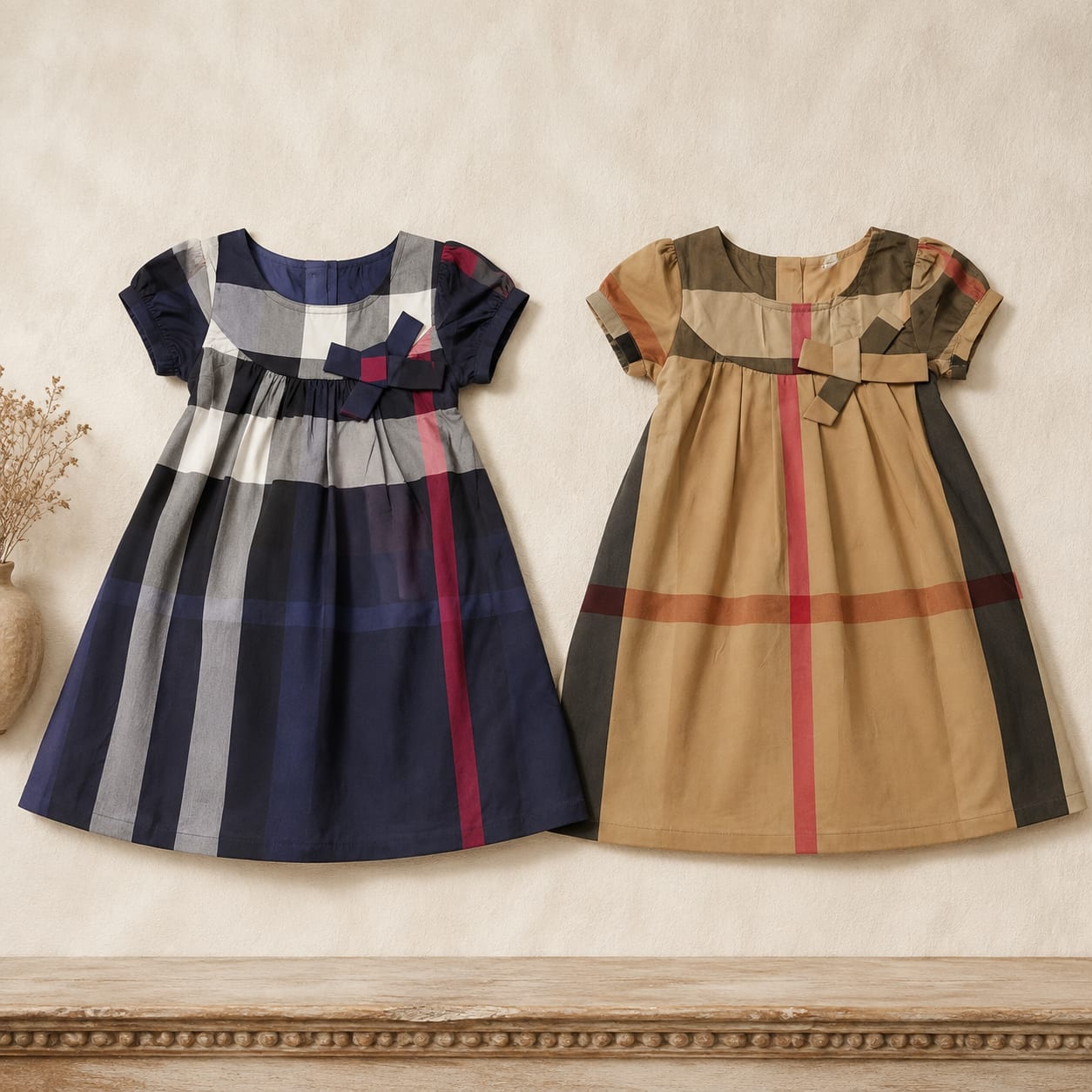 Heritage Square Neck Check Bow Kids Dress