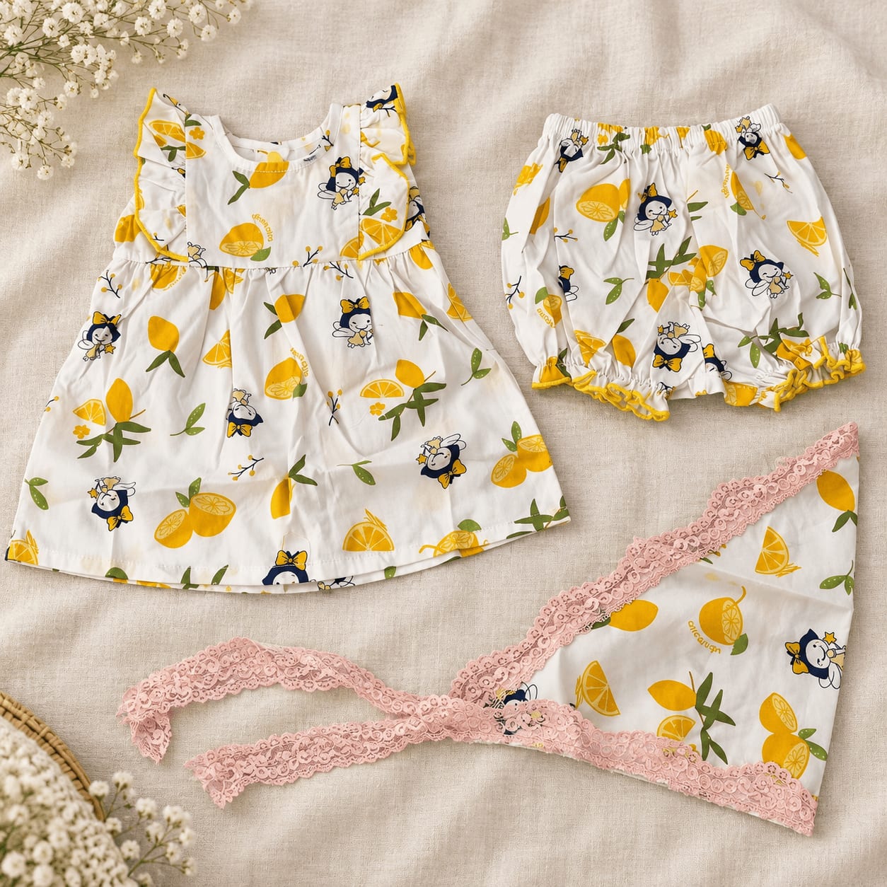 Honey Lemon Ruffle Blouse, Bloomer & Lace Hair Accessory Kids Set