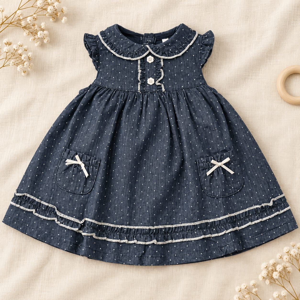 Midnight Dot Ruffle Pocket Baby Dress