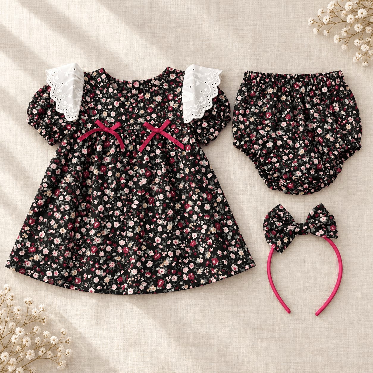 Midnight Rose Eyelet-Shoulder Blouse, Bloomer & Ribbon Hairband Kids Set