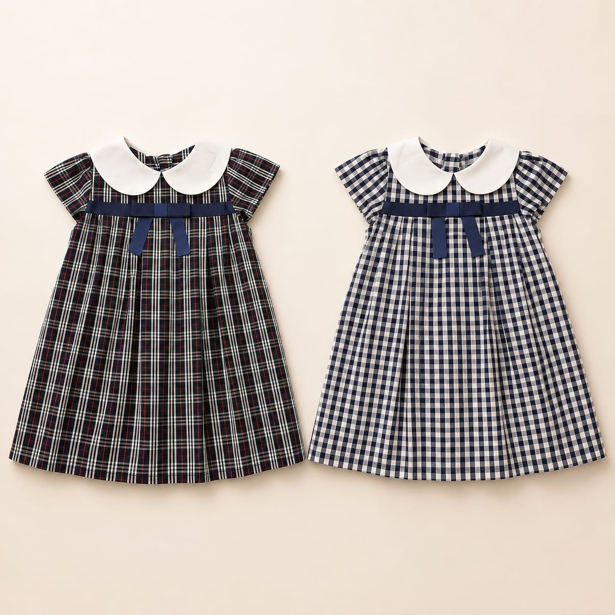 Navy Ribbon Check Collar Kids Dress