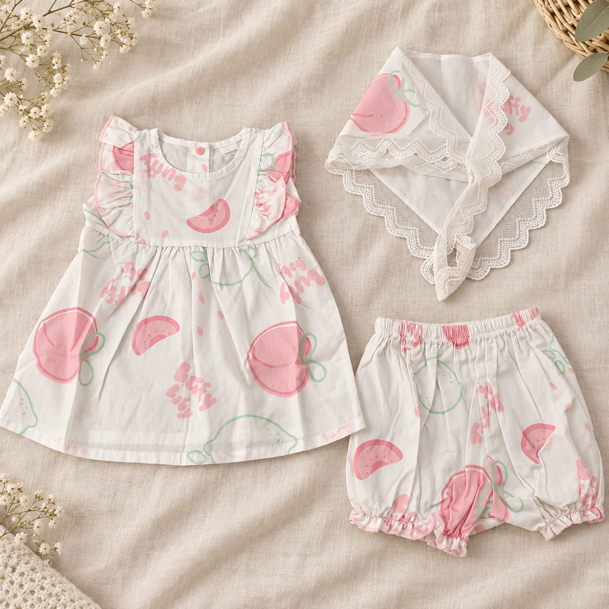Pink Citrus Ruffle Blouse, Bloomer & Hair Accessory Kids Set