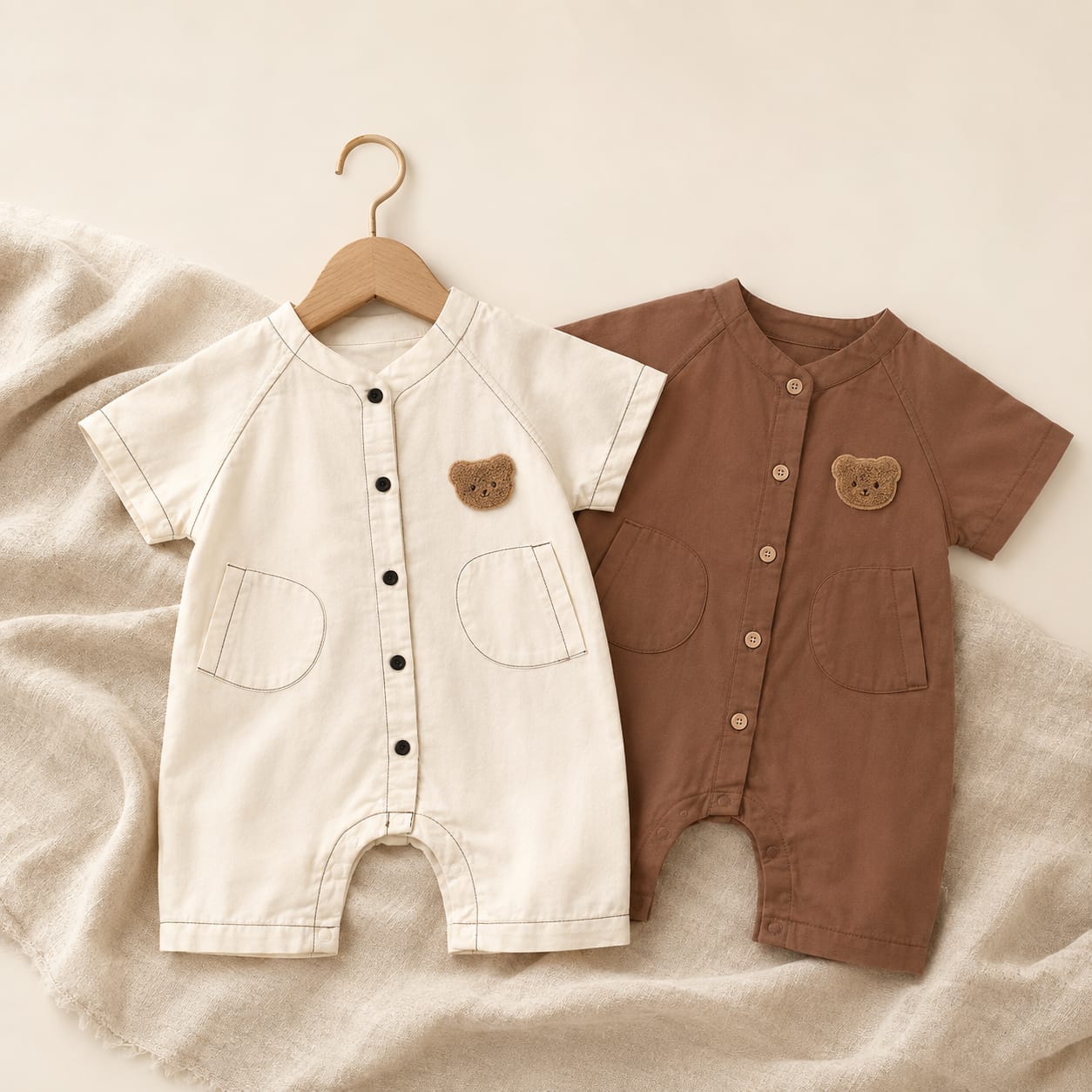 Premium Bear Pocket Short-Sleeve Baby Romper