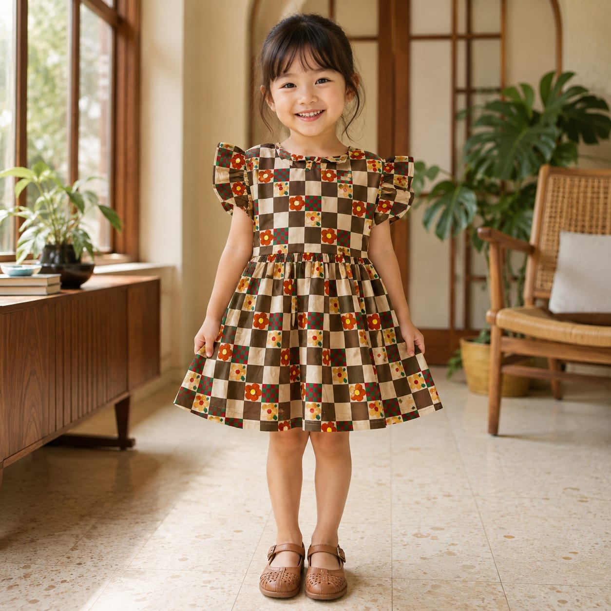 Retro Bloom Checker Ruffle Kids Dress