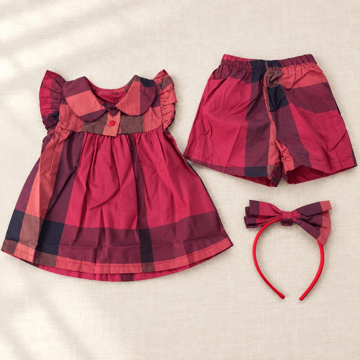 Rose Burgundy Big-Check Ruffle-Collar Blouse, Shorts & Ribbon Hairband Kids Set