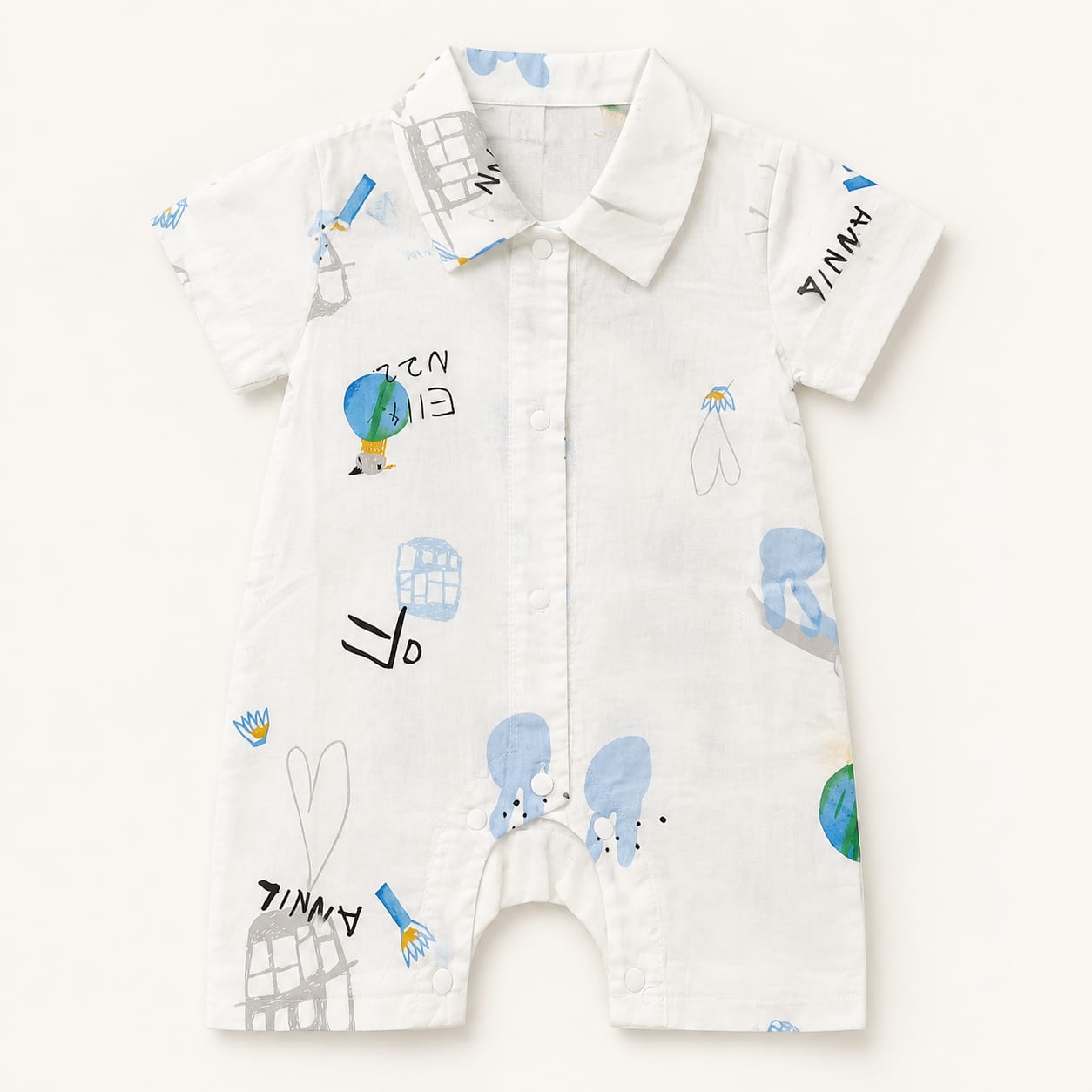 Sky Blue Sketch Graphic Collar Baby Romper