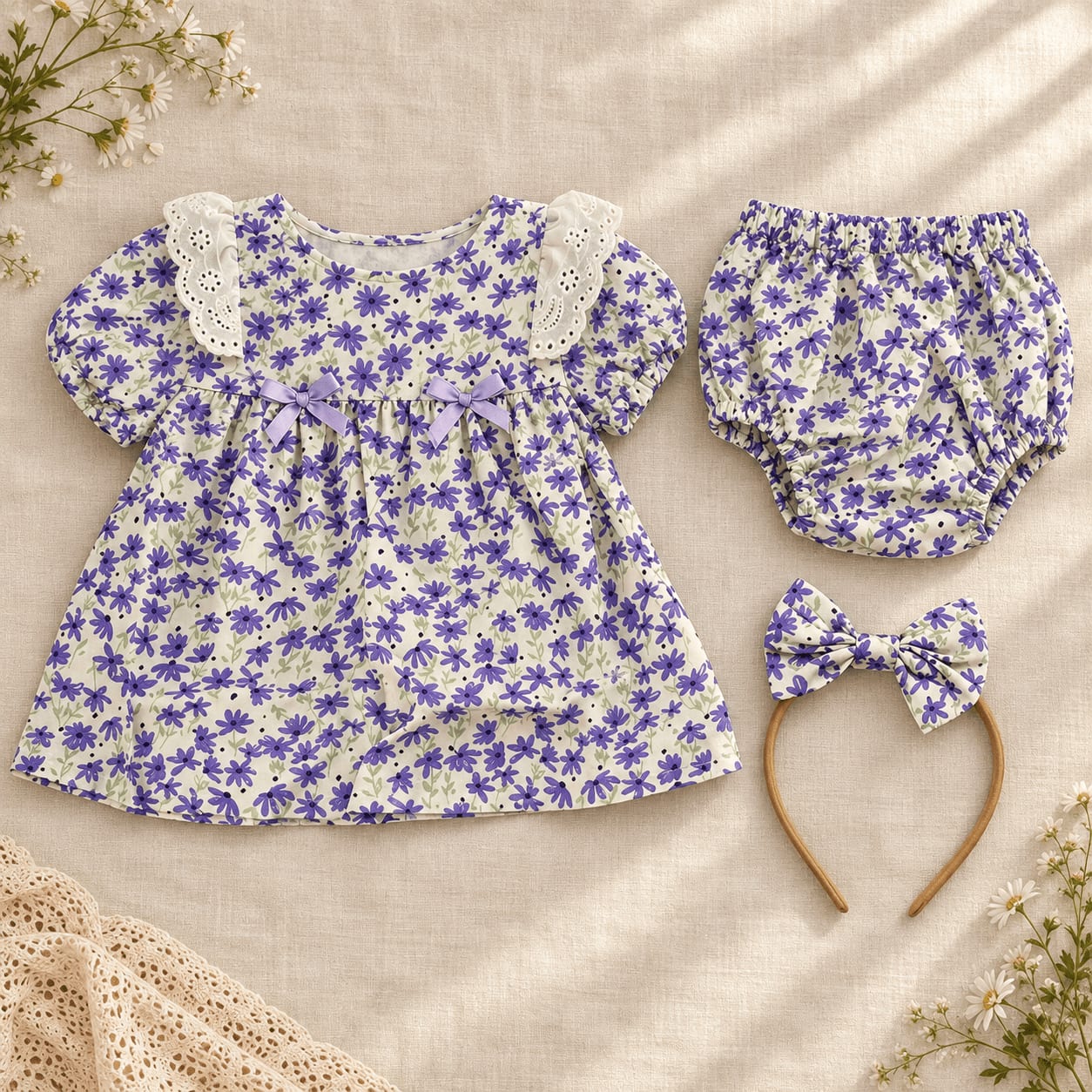Violet Meadow Eyelet Collar Blouse, Bloomer & Hairband Kids Set