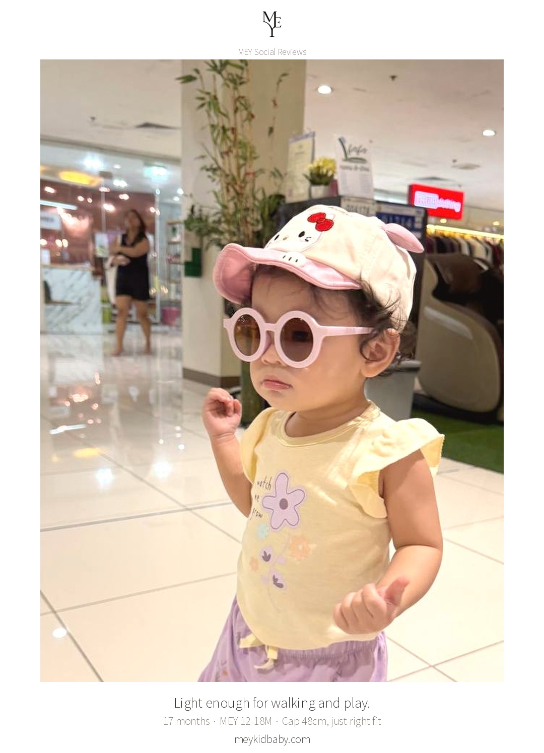 A 17-month-old wearing the MEY character cap during a mall afternoon 5